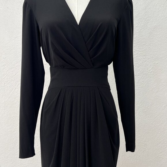Vintage 80s Rimini Long Sleeve V-Neck Draped Tea Length Midi Black Dress Size 6 - Picture 7 of 14